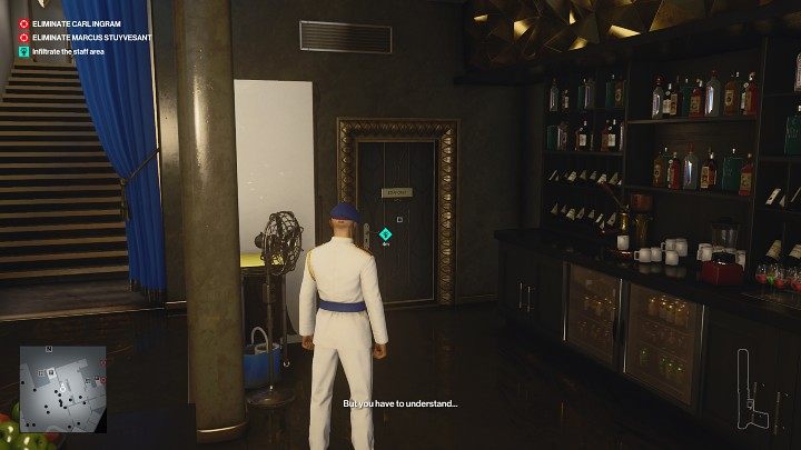 Po zdobyciu przebrania zejdź do strefy barowe (punkt 12 na mapie) i skręć przy barze w lewą stronę, a następnie przejdź przez drzwi do strefy pracowniczej - Hitman 3: (In)Security - Dubaj, zadania fabularne, solucja - Hitman 3 - poradnik, solucja