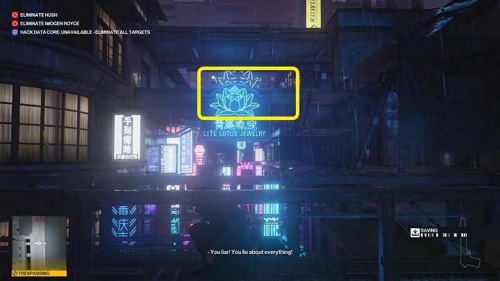 Przeskocz na wąskie przejście pomiędzy dwoma budynkami, a będziesz zmieć okazję podsłuchać rozmowę Hush z Imogen Royce (punkt 58 na mapie) - Hitman 3: All-Seeing Eyes - Chongqing, zadania fabularne, solucja - Hitman 3 - poradnik, solucja