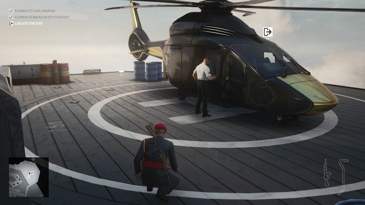 Wejdź po drabinie na teren lądowiska (uwaga na dwóch czujnych strażników) i obejdź maszynę lewą stroną - Hitman 3: Mapa Dubaju (Burj Al-Ghazali) - jak opuścić? - Hitman 3 - poradnik, solucja