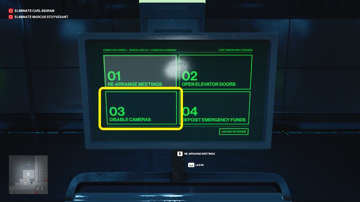 Teraz pozostaje Ci kliknąć w trzeci kafelek (Disable Cameras), a po chwili ekrany w pokoju ochrony natychmiast przestaną działać - Hitman 3: Monitoring (Dubai) - gdzie sabotować? - Hitman 3 - poradnik, solucja