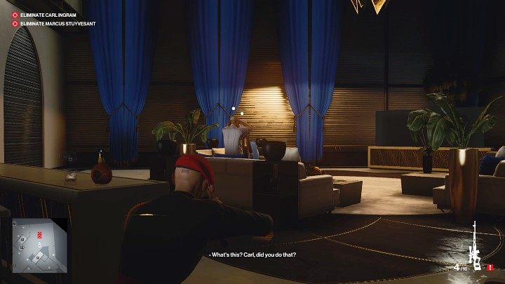 Gdy mężczyźni wstaną, ustaw się tak, by mieć obydwa cele w jednej linii i oddaj strzał - Hitman 3: Carl Ingram - jak zabić? Dubaj, solucja - Hitman 3 - poradnik, solucja