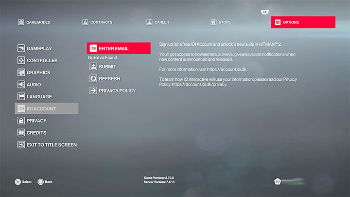 Uruchom grę Hitman 2 i w opcjach (Options) przejdź do pozycji konto IOI - IOI Account - Hitman 3: Przeniesienie postępów z Hitman 1 i Hitman 2 - Hitman 3 - poradnik, solucja