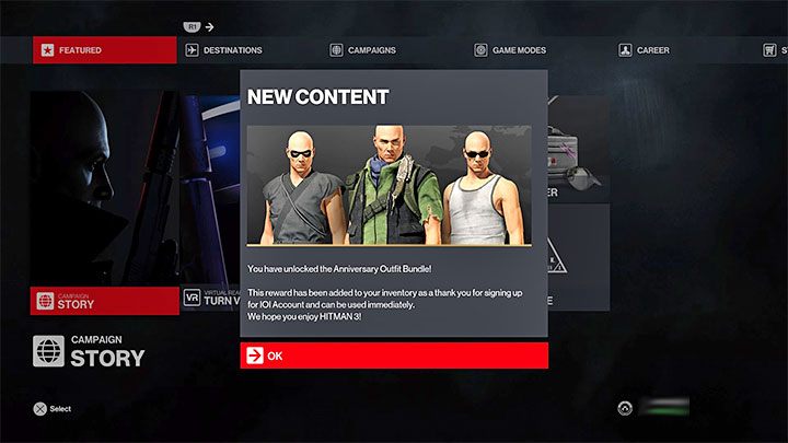 Dodatkowa informacja - Jeśli poprawnie utworzyłeś konto w serwisie IOI, to podczas kolejnego logowania się w grze możesz otrzymać za darmo nagrodę Anniversary Outfit Bundle - Hitman 3: Przeniesienie postępów z Hitman 1 i Hitman 2 - Hitman 3 - poradnik, solucja