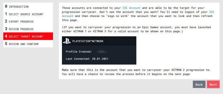 Krok 7 - Przejdziesz do zakładki Select Target Account - Hitman 3: Przeniesienie postępów z Hitman 1 i Hitman 2 - Hitman 3 - poradnik, solucja