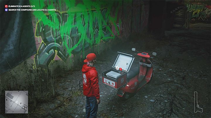 Musisz teraz przejść na zachód do zamkniętej bramy garażowej budynku motocyklistów (punkt 17 na mapie) - Hitman 3: Agent Lowenthal - jak zabić? (The Englishman) - Berlin, solucja - Hitman 3 - poradnik, solucja