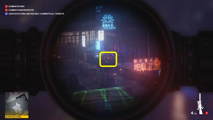 Zajmij pozycję strzelecką i zestrzel ostatnie dwa drony, które poruszają się nad budynkiem po lewej stronie - Hitman 3: Hush - jak zabić? Chongqing, Chiny, solucja - Hitman 3 - poradnik, solucja