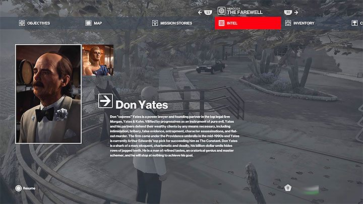 Don Yates jest wysoko postawionym prawnikiem i jednym z założycieli firmy prawniczej Morgan, Yates & Kohn - Hitman 3: The Farewell, Mendoza - mapa, informacje o misji - Hitman 3 - poradnik, solucja