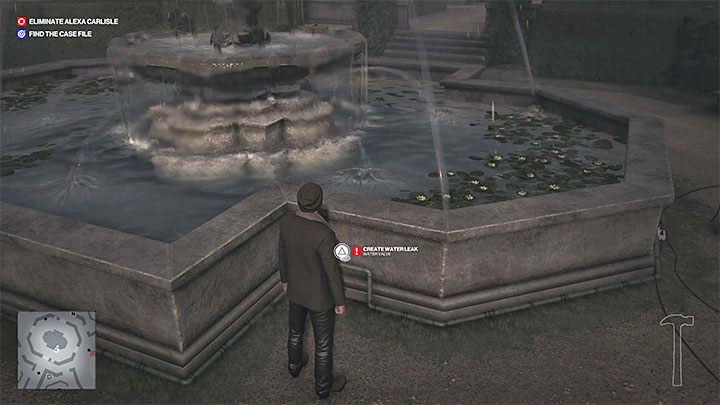 Odszukaj teraz zawór u podstawy fontanny i sabotuj go żeby doprowadzić do wycieku obok uszkodzonej listwy - Hitman 3: A Day to Remember - Dartmoor, solucja, zadania fabularne - Hitman 3 - poradnik, solucja