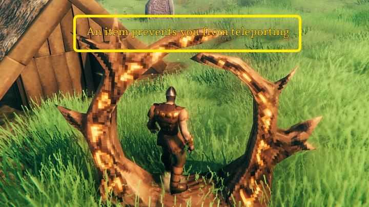 Jeśli chcesz przejść przez portal, a na ekranie wyświetla się komunikat, że jakiś przedmiot powstrzymuje Twoją postać przed teleportacją, musisz zajrzeć do swojego ekwipunku i go zlokalizować - Valheim: Portale - Valheim - poradnik do gry