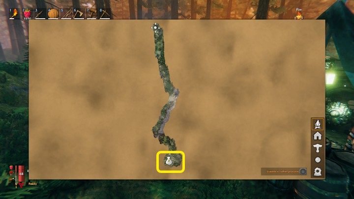 Po wylądowaniu na obszarze mapy udaj się na południowy wschód, wzdłuż wybrzeża - dla ułatwienia pokazaliśmy odpowiednią ścieżkę na powyższym obrazku - Valheim: Serwer z handlarzem/Vendor seed - jak się połączyć? - Valheim - poradnik do gry