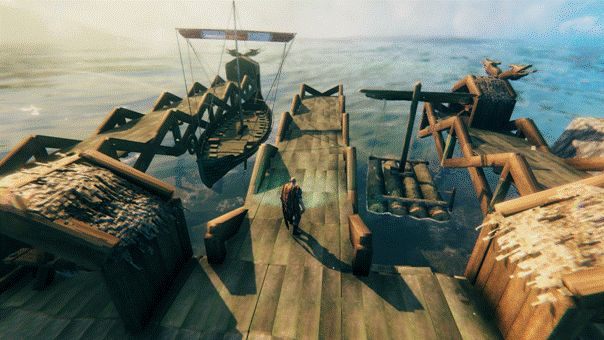 Przykładowy port z przycumowanym Langskipem oraz tratwą. - Valheim: Statki - lista, jak zbudować - Valheim - poradnik do gry