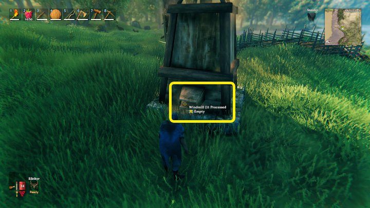 Wiatrak zacznie pracować i mielić ziarna z których powstanie mąka jęczmienna (Barley Flour) - możesz ją odebrać w miejscu widocznym na powyższym obrazku - Valheim: Wiatrak/Windmill - Valheim - poradnik do gry