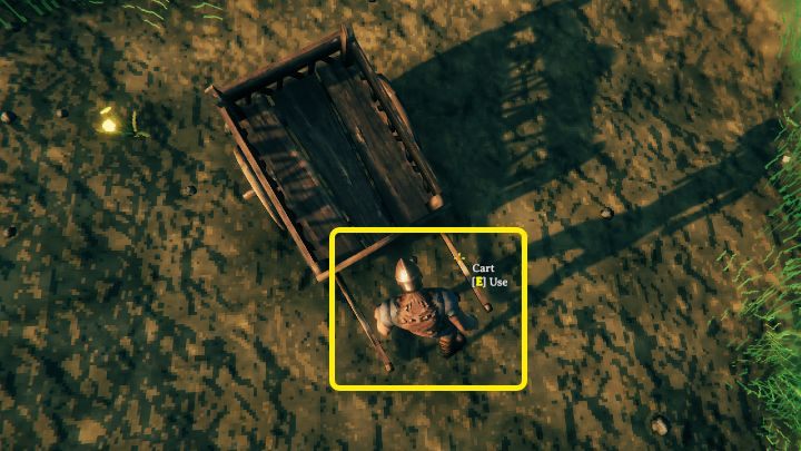 Żeby poprawnie złapać wózek, ustaw się mniej więcej w takiej pozycji, jak na powyższym obrazku - pomiędzy ramionami wózka i twarzą w stronę strefy załadunku - Valheim: Wózek/Cart - jak stworzyć i używać? - Valheim - poradnik do gry