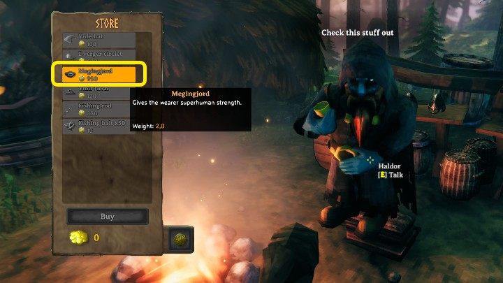 Za 950 monet możesz kupić o Haldora wyjątkowy pas, Megingjord, który zwiększa limit udźwigu postaci z 300 do 450 - Valheim: Limit udźwigu - jak zwiększyć? - Valheim - poradnik do gry