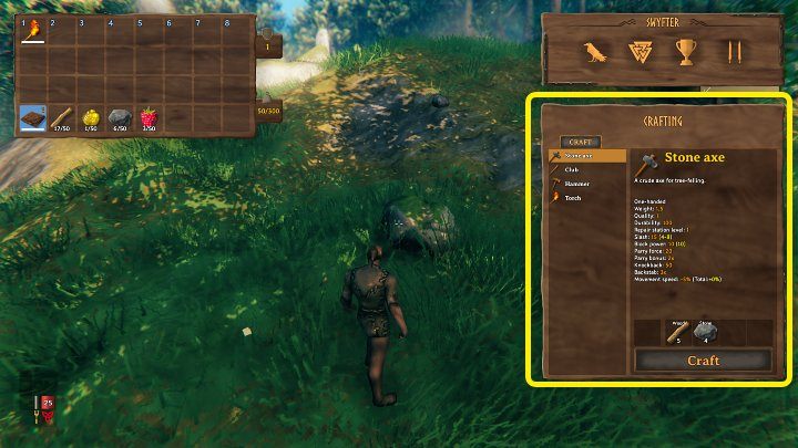 Po zdobyciu surowców pora wykonać pierwsze istotne narzędzia: kamienną siekierę (Stone Axe), młot (Hammer) oraz motykę (Hoe) - Valheim: Dzień 1 - jak przetrwać na początku? Od czego zacząć? - Valheim - poradnik do gry