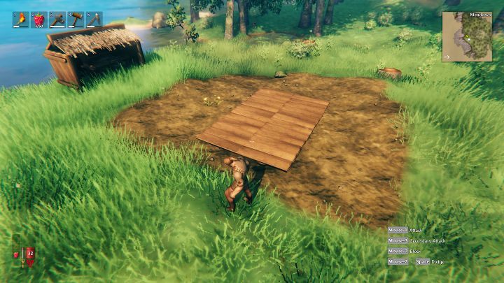 Wyposaż swoją postać w młotek, wywołaj menu akcji (PPM) i z dostępnych przedmiotów w zakładce budowanie wybierz Wood floor 2x2 - Valheim: Dzień 1 - jak przetrwać na początku? Od czego zacząć? - Valheim - poradnik do gry