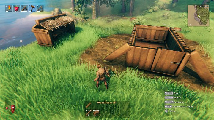 Z menu budowania wybierz drewnianą belkę (Wood beam 45°) i podeprzyj nią ściany po obydwu stronach wejścia do budynku - Valheim: Dzień 1 - jak przetrwać na początku? Od czego zacząć? - Valheim - poradnik do gry