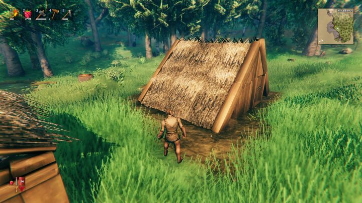 Z menu budowania wybierz strzechę (Thatch roof 45°) i pokryj nią dach swojego schronienia - od ziemi aż po szczyt dachu - Valheim: Dzień 1 - jak przetrwać na początku? Od czego zacząć? - Valheim - poradnik do gry