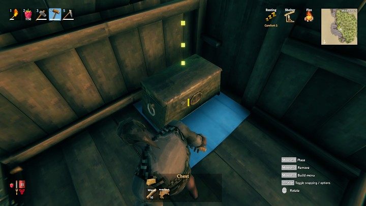 Warto także postawić w środku co najmniej jedną skrzynię w której będziesz mógł przechowywać surowce lub inne przedmioty, których nie chcesz zabierać ze sobą na eksplorację mapy - Valheim: Dzień 1 - jak przetrwać na początku? Od czego zacząć? - Valheim - poradnik do gry