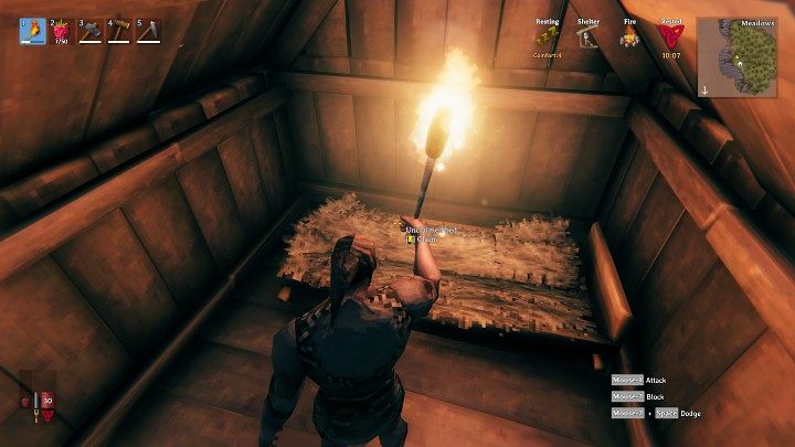 Wejdź do swojego schronienia i wejdź w interakcję z łóżkiem - Valheim: Dzień 1 - jak przetrwać na początku? Od czego zacząć? - Valheim - poradnik do gry