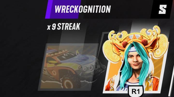 Informacje o postępach w zdobywaniu coraz wyższych rang wyświetlane w lewym dolnym rogu ekranu, nad ikonami aktywacji łamacza i wezwania megapojazdu - Destruction AllStars: Trofea - lista - Destruction AllStars - poradnik do gry