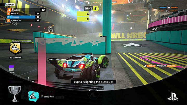 Jest bardzo prawdopodobne, że oponenci przejadą przez płomienie i nie będą za wszelką cenę próbowali zawrócić lub zatrzymać się żeby ich uniknąć - Destruction AllStars: Trofea - lista - Destruction AllStars - poradnik do gry