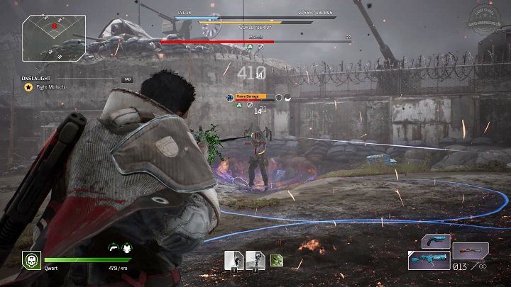 Pierwszym specjalnym atakiem Molocha jest Flame Barrage - przeciwnik oznacza obszary na arenie, na które po chwili spadają trzy duże kule ognia - Outriders: Moloch - boss, jak pokonać? - Outriders - poradnik do gry