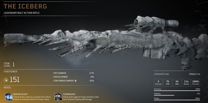 Ten karabin wyborowy przy strzałach krytycznych nakłada na przeciwników efekt zamrożenia - zabicie zamrożonych przeciwników sprawi, że wybuchną, zadając obrażenia innym rywalom w pobliżu - Outriders: Legendarne przedmioty - Outriders - poradnik do gry