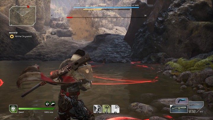 W drugiej fazie pojedynku Chrysaloid otrzyma nową umiejętność - gdy na arenie pojawią się czerwone okręgi to znak, że za chwilę pewne obszary pola walki zostaną zasypane lawiną spadających kamieni - Outriders: Chrysaloid - boss, jak pokonać? - Outriders - poradnik do gry