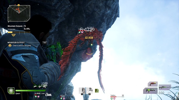 Idąc na szczyt, zostaniecie zaatakowani przez kolejnych przeciwników, wśród których na szczególną uwagę zasługują Alpha Perforo, Brood Mother i latające Screechery - olbrzymich rozmiarów ptaki należy jak najszybciej strącić na ziemię, ponieważ potrafią wyrządzić olbrzymie obrażenia w bardzo krótkim - Outriders: Posterunek w górach/Mountain Outpost - Ekspedycja, solucja - Outriders - poradnik do gry
