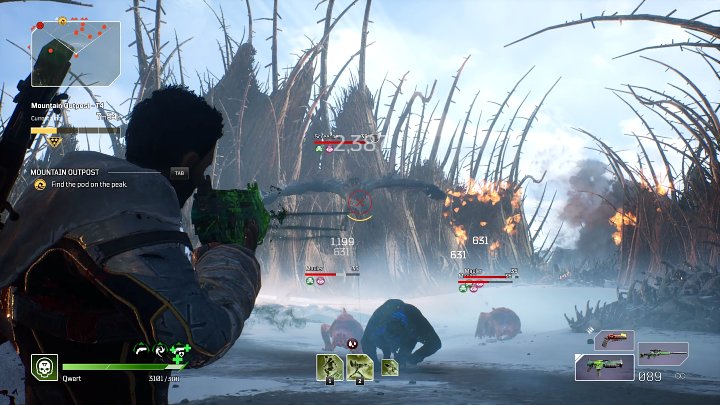 Na szczycie góry czeka na Was liczny komitet powitalny złożony ze zwykłych stworów w towarzystwie kilku Screecherów i Alpha Perforo - Outriders: Posterunek w górach/Mountain Outpost - Ekspedycja, solucja - Outriders - poradnik do gry