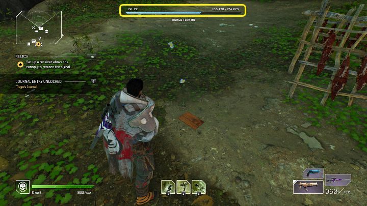 Aktualny poziom, a także pasek doświadczenia postaci znajduje się w górnej części ekranu, nad paskiem Poziomu Świata i został oznaczony na powyższym obrazku - Outriders: Rozwój postaci - Outriders - poradnik do gry