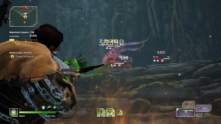 Na tym etapie Ekspedycji Bagniste groty należy stanąć na obszarze oznaczonym ognistą smugą, by naładować kryształ, który otworzy przejście do dalszej części tej instancji - Outriders: Bagniste groty/Marshland Caverns - Ekspedycja, solucja - Outriders - poradnik do gry