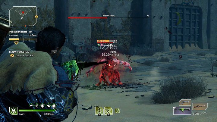 Gdy tylko Blood Merchant ponownie się zmaterializuje (na ekranie pojawi się jego pasek zdrowia) przez chwile nie będzie wykonywał żadnych akcji, więc wykorzystajcie ten moment i skupcie się na wyrządzeniu jak najwyższych obrażeń, w jak najkrótszym czasie - Outriders: Gospodarstwo Paxów/Paxian Homestead - Ekspedycja, solucja - Outriders - poradnik do gry