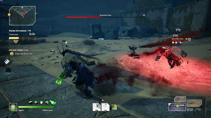 Blood Merchant będzie co jakiś czas aktywował dookoła siebie umiejętność, która wyrządza obrażenia, gdy znajdziecie się na obszarze oznaczonym czerwonym kolorem - Outriders: Gospodarstwo Paxów/Paxian Homestead - Ekspedycja, solucja - Outriders - poradnik do gry