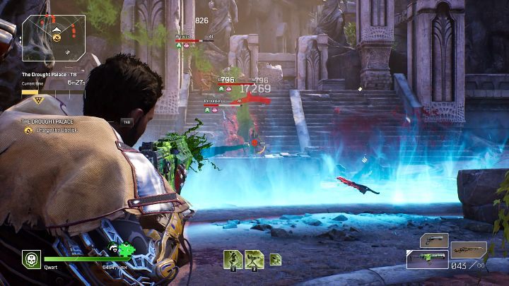 Na tym etapie Ekspedycji Pałac Suszy należy stanąć na obszarze oznaczonym niebieską smugą, by naładować obelisk, który otworzy przejście do dalszej części tej instancji - Outriders: Pałac Suszy/The Drought Palace - Ekspedycja, solucja - Outriders - poradnik do gry