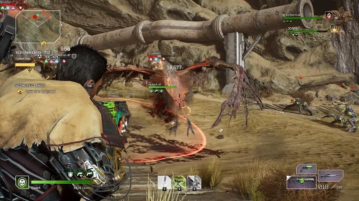 Gdy nad lokacją zaczną latać Sciathany, warto skupić na nich całą siłę ognia, ściągnąć na ziemię i wyeliminować jak najszybciej, aby nie przeszkadzały w dalszej walce - Outriders: Spalone ziemie/Scorched Lands - Ekspedycja, solucja - Outriders - poradnik do gry