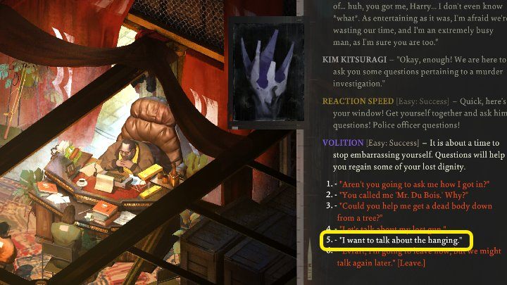 Rozmowa z Evrartem nie jest prosta, przez co na samym początku Harrier może stracić 1 punkt zdrowia, gdy usiądzie na szczególnie niewygodnym krześle (chyba że zdacie pomyślnie pasywny test Próg bólu (Pain Treshold) - Disco Elysium: Przesłuchaj szefa związku zawodowego - solucja, opis przejścia - Disco Elysium - poradnik do gry