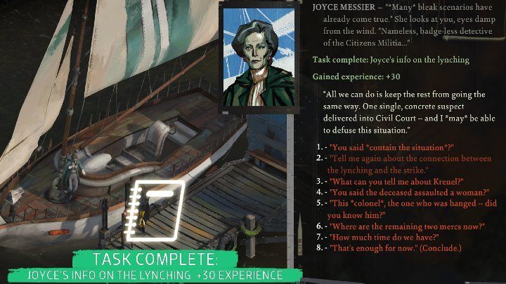Po tym, jak udowodnicie Joyce swoja tożsamość poprzez pokazanie jej odznaki (wymaga ukończenia zadania Znajdź swoją odznakę (Track down your badge)) lub wykonania dla niej zadania pobocznego Tajemnica korka (The Jam Mystery) uzyskacie od niej kilka cennych informacji - Disco Elysium: Informacje Joyce o linczu - solucja, opis przejścia - Disco Elysium - poradnik do gry