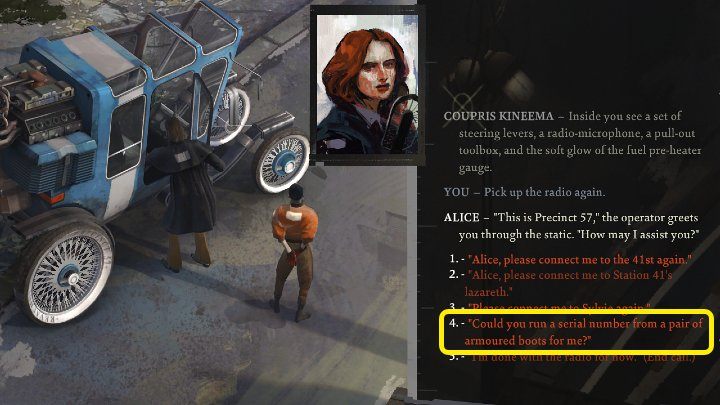 Skorzystajcie z radia w samochodzie Kima i zadzwońcie na posterunek, a następnie poproście o sprawdzenie numeru seryjnego, który zdobyliście w trakcie inspekcji ciała powieszonego mężczyzny - Disco Elysium: Sprawdź w kartotece numer znaleziony na pancerzu ofiary - solucja - Disco Elysium - poradnik do gry