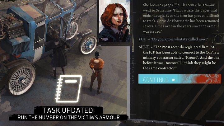 Następnego ranka porozmawiajcie z Alice i sprawdźcie co udało jej się ustalić - Disco Elysium: Sprawdź w kartotece numer znaleziony na pancerzu ofiary - solucja - Disco Elysium - poradnik do gry