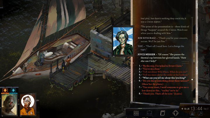 Joyce Messier znajdziecie na żaglówce w porcie na zachodnim krańcu dzielnicy, obok budynku mieszkalnego Capside Apartments - Disco Elysium: Przesłuchaj przedstawicielkę Wild Pines - solucja, opis przejścia - Disco Elysium - poradnik do gry