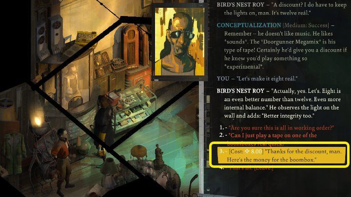 Udajcie się do Lombardu (Pawnshop) i kliknijcie w odtwarzacz, który leży na półce nad kasą - Disco Elysium: Megamiks Strzelecki - solucja, opis przejścia - Disco Elysium - poradnik do gry