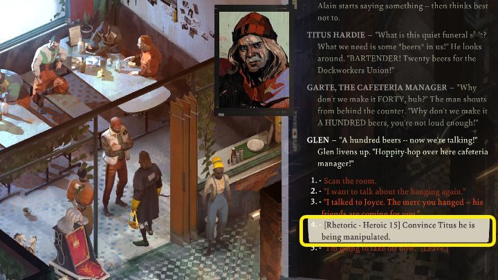 Titus wyjawi Wam całą prawdę na temat śmierci najemnika dopiero po zaliczeniu heroicznego testu umiejętności Retoryka (Rhetoric) - Disco Elysium: Wyciągnij całą historię z Titusa - solucja - Disco Elysium - poradnik do gry