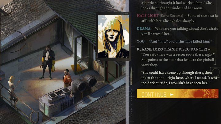 Jeśli zagrozicie kobiecie aresztowaniem, zacznie szukać wyjścia z sytuacji i powie, że wie kto mógł zamordować najemnika i wskaże Ruby - Disco Elysium: Wyciągnij całą historię z Titusa - solucja - Disco Elysium - poradnik do gry