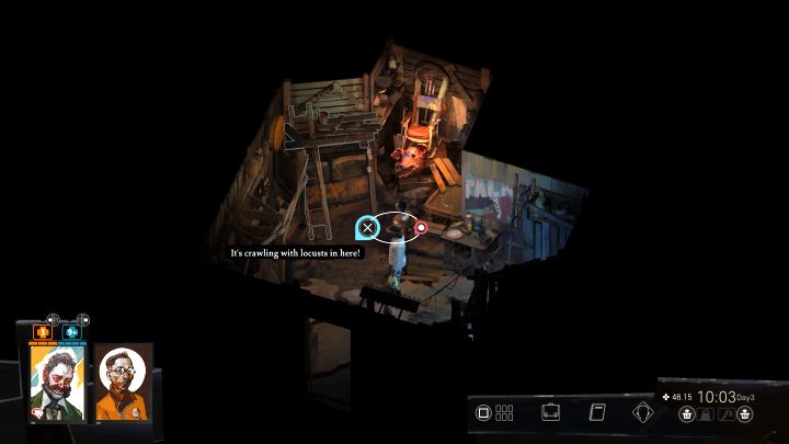W kryjówce Cuno natraficie na chmarę insektów - wybierzcie kulę nad głową bohatera żeby dokładniej zbadać to odkrycie i porozmawiać z Kimem - Disco Elysium: Sprawa zaginionych insektów - solucja - Disco Elysium - poradnik do gry