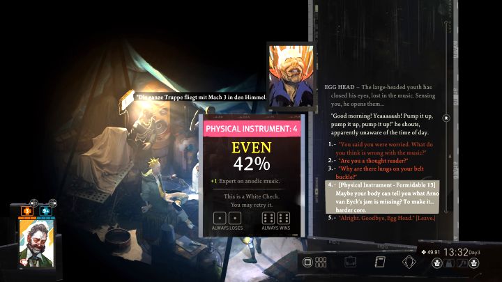 Musicie najpierw zaliczyć quest Rozwiąż zagadkę Jajkogłowca - trzeba umiejętnie przeprowadzić 2 rozmowy z Jajkogłowcem z namiotu raversów - Disco Elysium: Uczyń muzykę van Eycka bardziej hardkorową - solucja - Disco Elysium - poradnik do gry