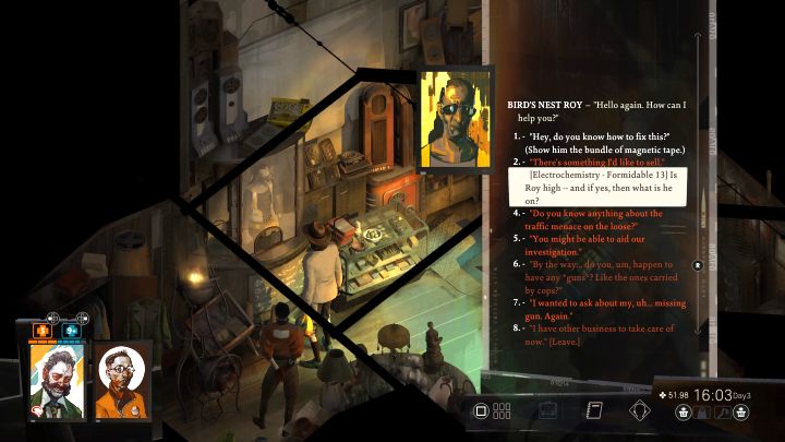 Z pozyskanym zwitkiem taśmy magnetycznej udajcie się do lombardu - na zachód od drzewa - Disco Elysium: Uczyń muzykę van Eycka bardziej hardkorową - solucja - Disco Elysium - poradnik do gry