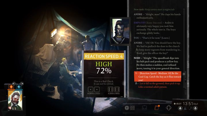 W namiocie przebywa kilku raversów i z opisywanym questem związany jest Andre, który ma unikalną fryzurę w kształcie kolców - Disco Elysium: Pomóż raversom otworzyć klub nocny - solucja - Disco Elysium - poradnik do gry