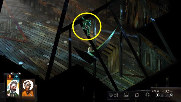Straszydłem jest tajemnicza postać, która pojawi się przy suficie kościoła - zaznaczyliśmy ją na obrazku - Disco Elysium: Pomóż raversom otworzyć klub nocny - solucja - Disco Elysium - poradnik do gry
